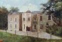 Perry’s house at Newcastle. Canvas oil painting. XX century. Ireland. Close-up of the house photographed in diffused light.