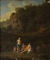 Nymphs bathing in a landscape by A. Carre. Panel oil painting. 1753. Ireland. Painting before conservation.
